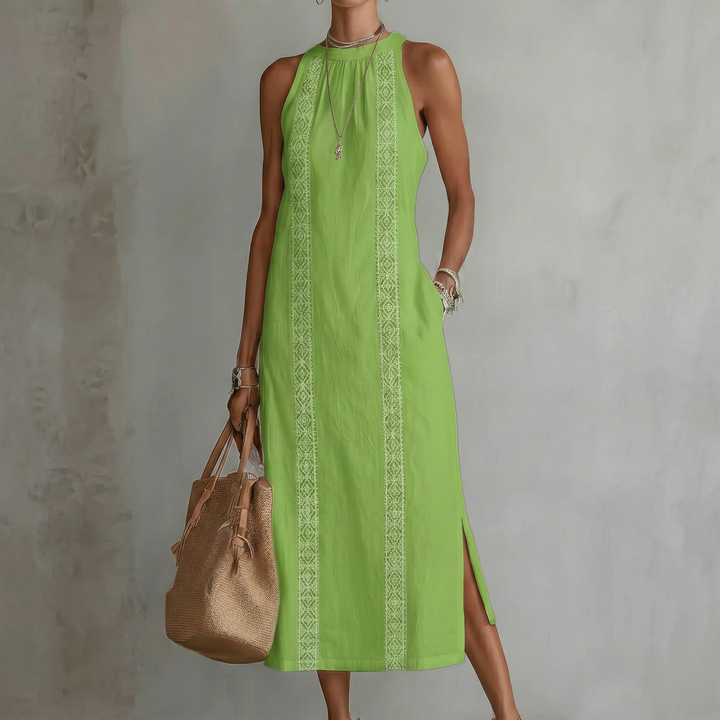 Andrea - Vászon Midi Ruha Mao Gallérral