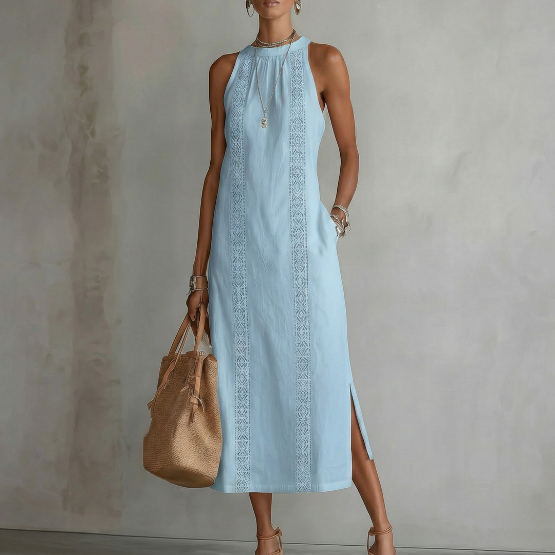 Andrea - Vászon Midi Ruha Mao Gallérral