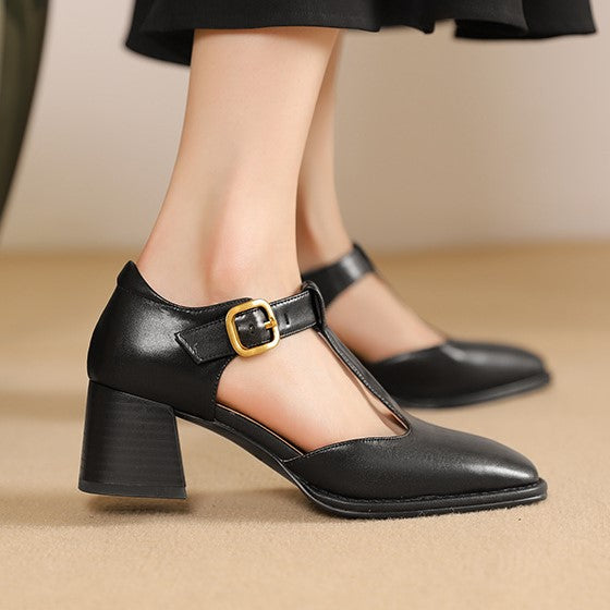 Piros - T-Strap Bőr Magassarkú
