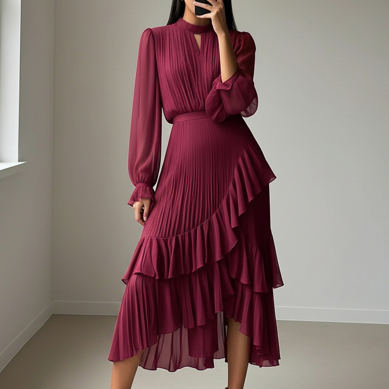 Zelena - Elegáns, plisszírozott midi ruha fodrokkal